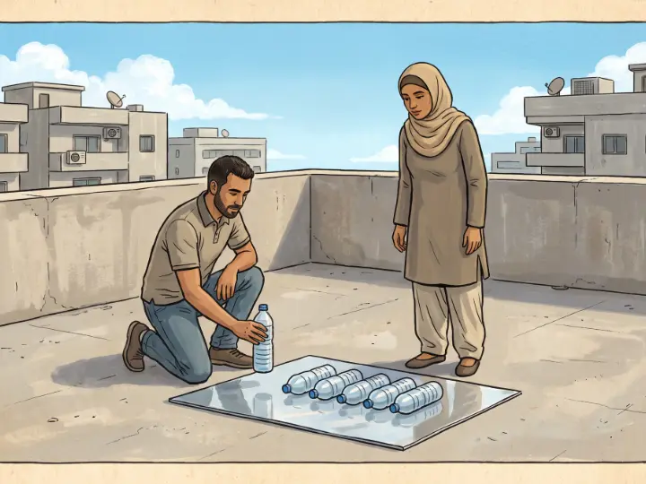 رجل وامرأة يضعان قناني ماء شفافة على لوح عاكس فوق سطح بيت
