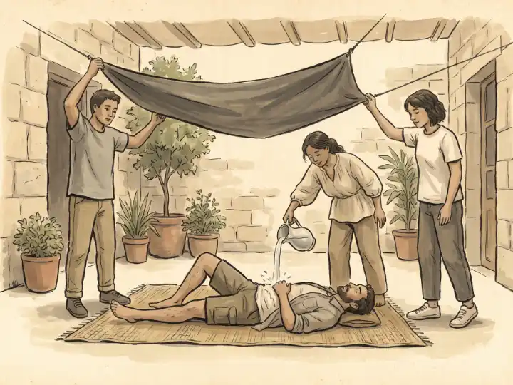 أسرة تبرّد مصاباً بالحر مستلقياً على غطاء مرفوع الأطراف مملوء بالماء