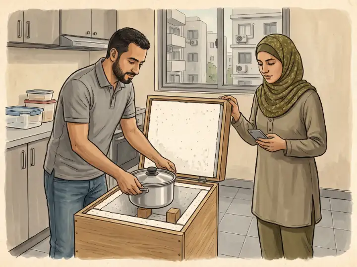 رجل وامرأة يضعان قدراً ساخناً داخل صندوق معزول محكم الإغلاق