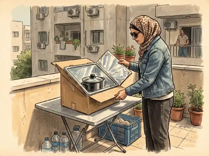 امرأة بنظارة شمسية تضبط طباخاً شمسياً من صندوق كرتون على سطح بيت