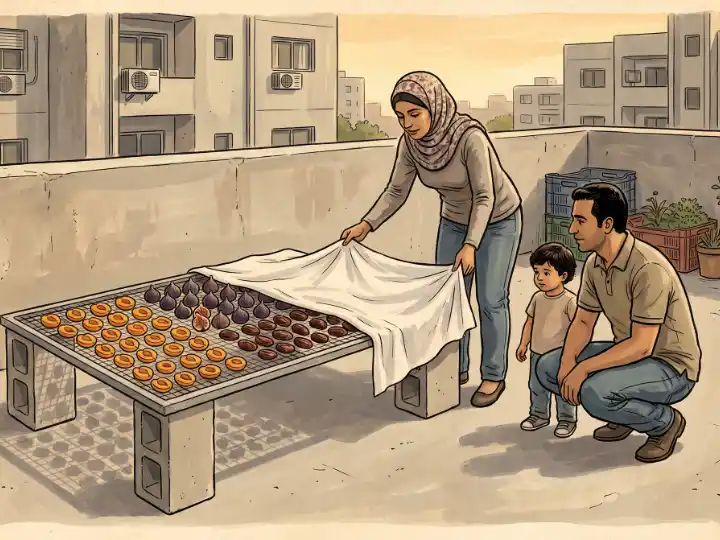امرأة ورجل وطفل يغطون شرائح فاكهة مجففة على رفوف فوق سطح بيت