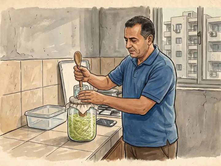 رجل يضغط خضاراً مخمّرة داخل جرة زجاجية في مطبخ