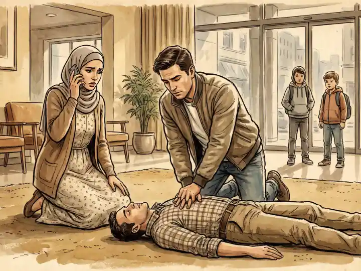 رجل يضغط على صدر مصاب مستلقٍ بينما تتصل امرأة بالإسعاف
