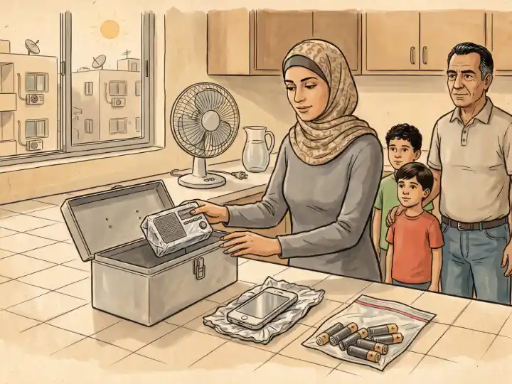 امرأة تحفظ أجهزة صغيرة مغلّفة بالألومنيوم داخل صندوق معدني بينما تنظر أسرتها