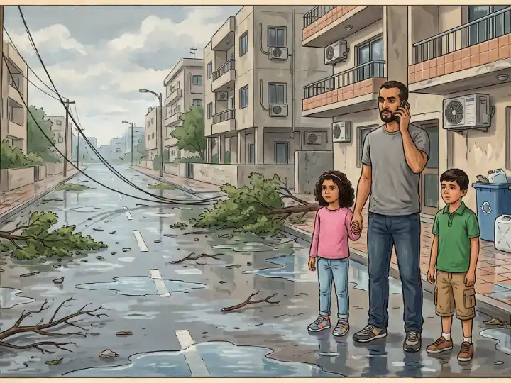 أسرة تقف على شارع غمرته المياه وفيه أسلاك وأغصان ساقطة