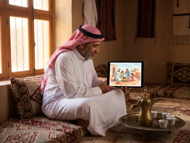 رجل بثوب وغترة يقرأ الدليل على تابلت في مجلس عربي وبجانبه دلة قهوة