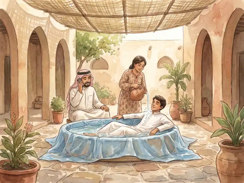 امرأة تصبّ الماء البارد على مصاب بضربة حر مستلقٍ في حوض من غطاء بلاستيكي، بينما يتصل رجل بالإسعاف
