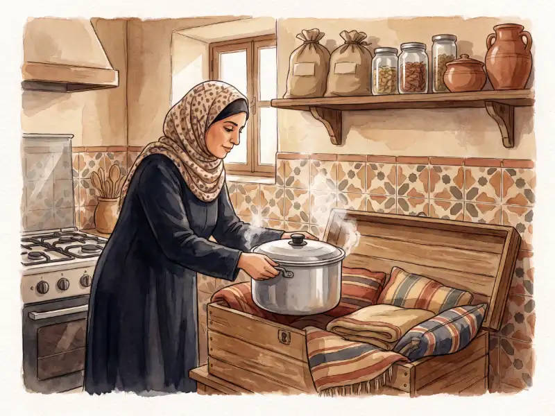 امرأة بحجاب تضع قدراً ساخناً داخل صندوق خشبي معزول بالبطانيات في مطبخ عربي