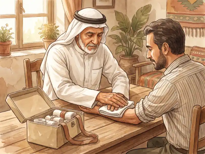 رجل يضغط بكلتا يديه على شاش مطوي فوق ذراع مصاب بجانب حقيبة إسعاف