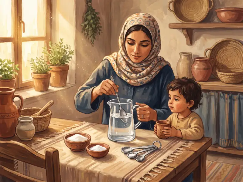 أم تحرّك الماء في إبريق زجاجي بجانب وعاءين صغيرين من السكر والملح وملاعق قياس