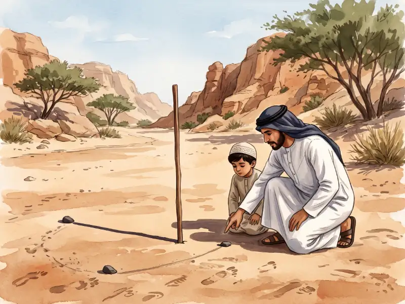 أب وابنه يدرسان ظل عصا مغروسة في رمل وادٍ وحجرين يعلّمان طرف الظل