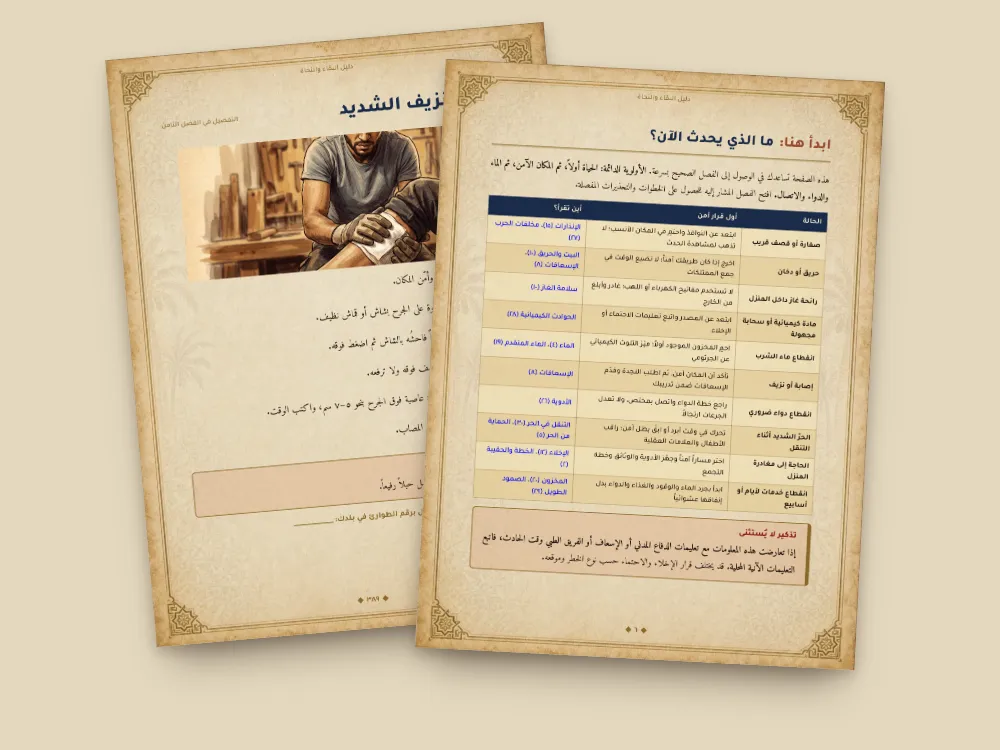صفحة «ما الذي يحدث الآن؟» وبطاقة النزيف الشديد من داخل الدليل