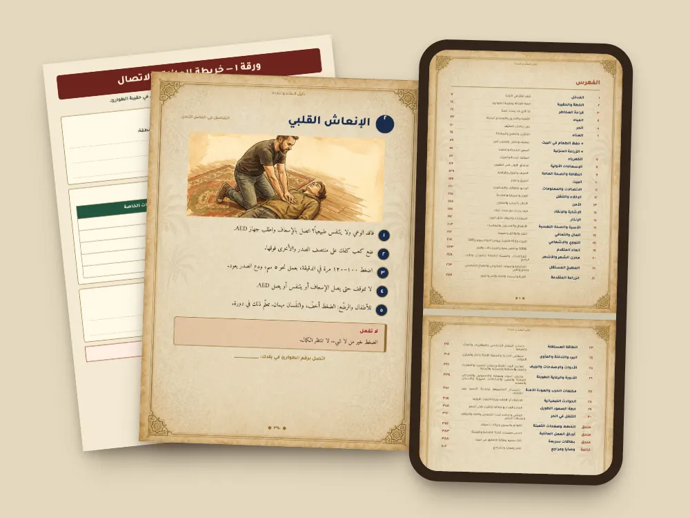 فهرس الدليل على شاشة جوال بجانب أوراق عمل وبطاقة سريعة مطبوعة