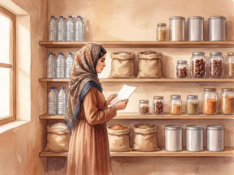 رفوف مرتبة في بيت عليها عبوات ماء وأرز وتمر