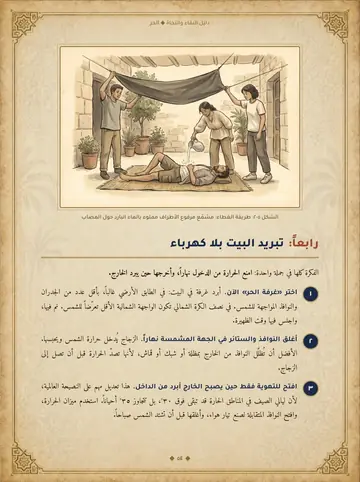 صفحة تبريد البيت بلا كهرباء وفيها رسم لإسعاف مصاب بالحر