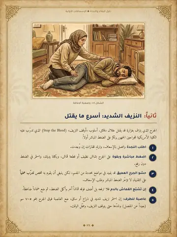 صفحة النزيف الشديد برسم وخطوات مرقّمة للإسعاف